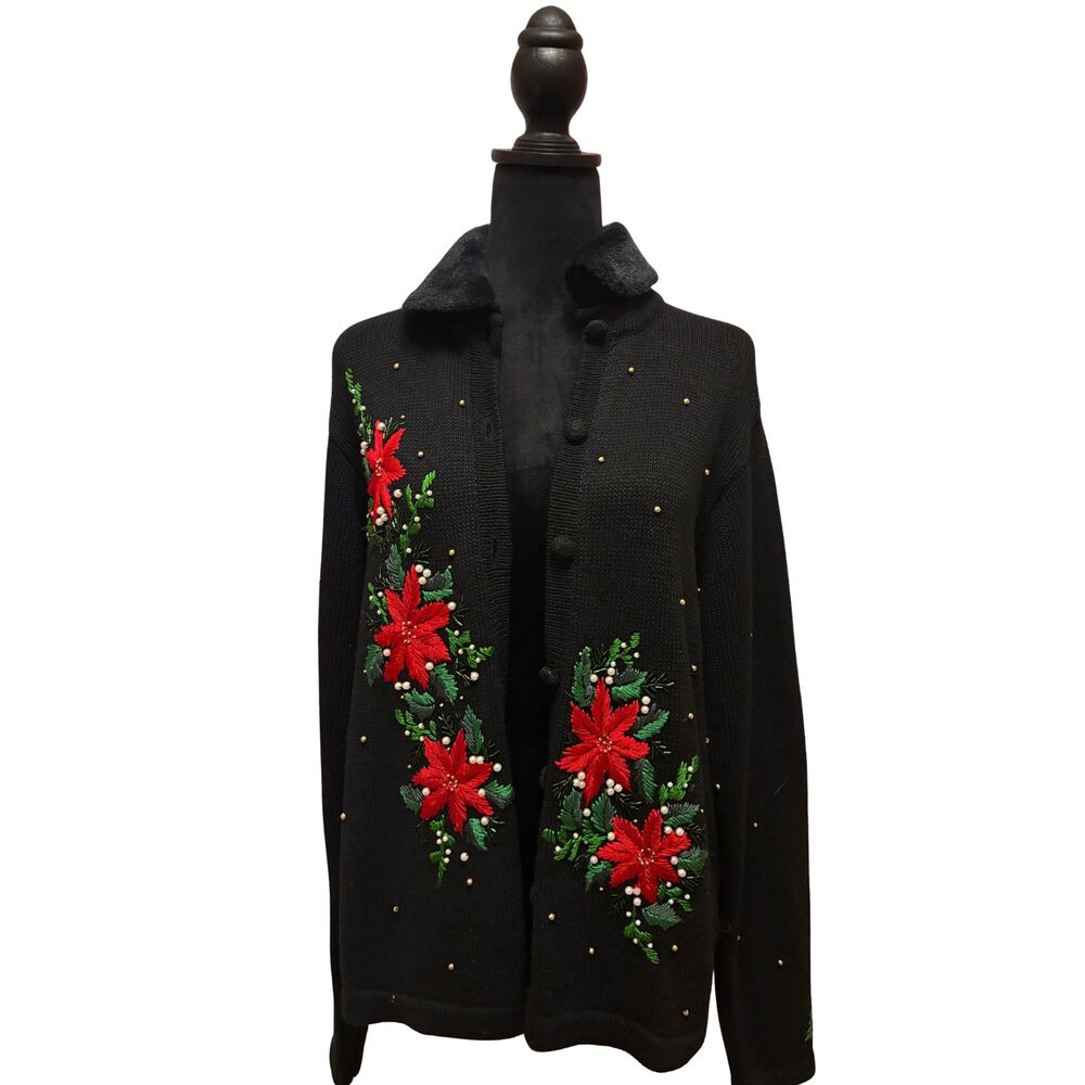 Black Embroidered Vintage Christmas Poinsettias Accents Faux Fur Collar M/L